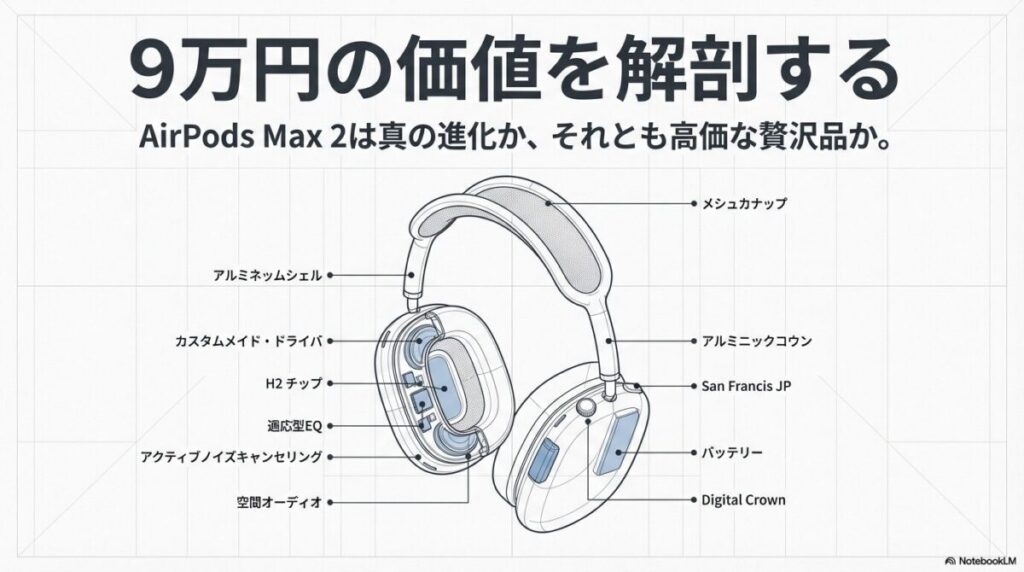 AirPods Max 2の製品画像と共に「9万円の価値を解剖する。真の進化か、高価な贅沢品か」というキャッチコピーが書かれた導入スライド。