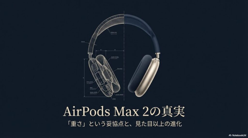 AirPods Max 2の製品画像と、「重さという妥協点と、見た目以上の進化」というキャッチコピーが書かれた導入スライド。