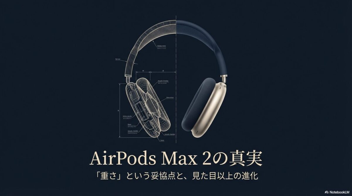 AirPods Max 2の製品画像と、「重さという妥協点と、見た目以上の進化」というキャッチコピーが書かれた導入スライド。