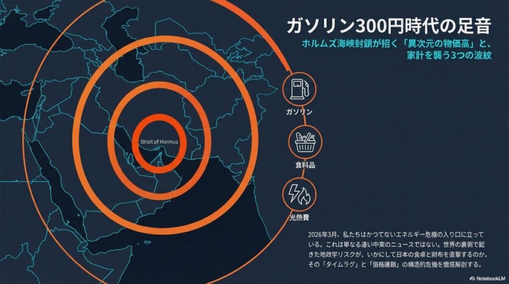ホルムズ海峡の写真を背景に「ガソリン300円時代の足音：ホルムズ海峡封鎖が招く異次元の物価高と家計を襲う3つの波紋」と書かれたタイトルスライド。