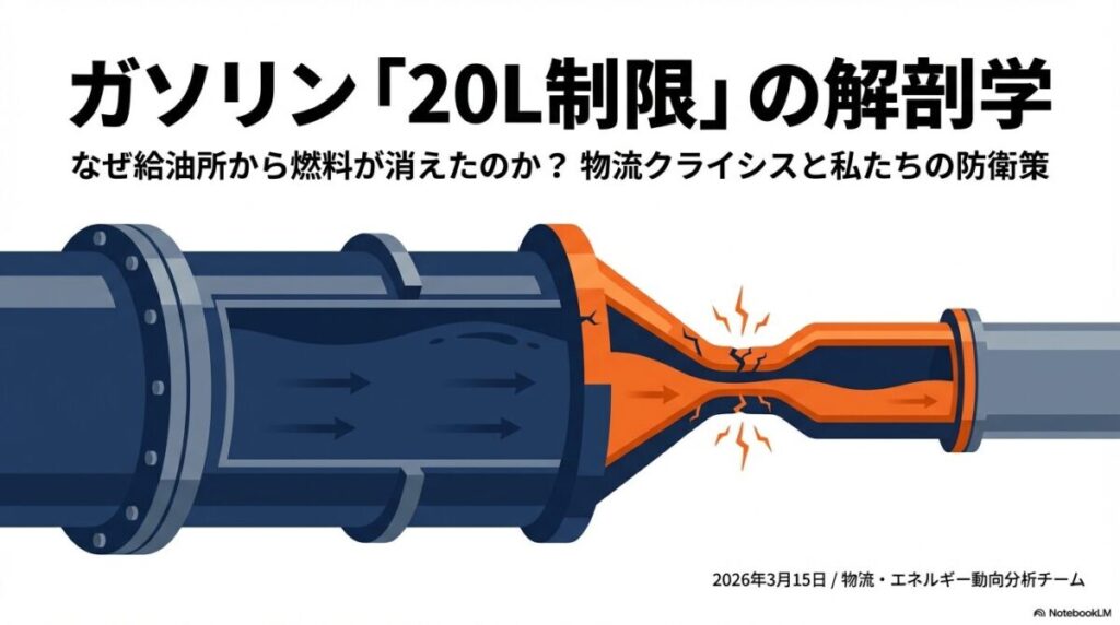 パイプラインが細く絞られ、中身が漏れ出しているイラスト。物流の目詰まりを象徴するイメージ画像。