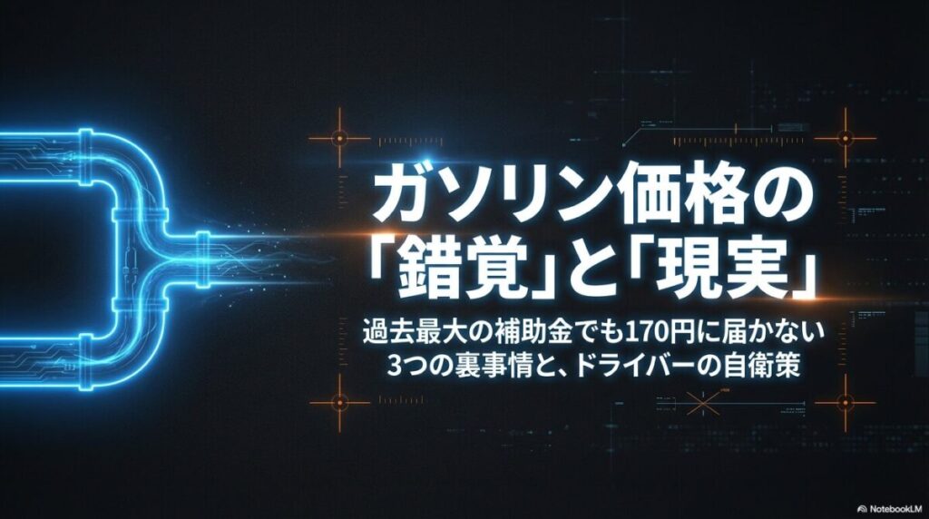ガソリン価格の「錯覚」と「現実」というタイトルと、補助金投入でも170円に届かない裏事情を示唆する表紙スライド。