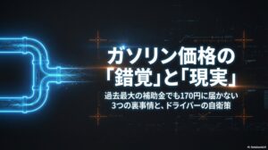 ガソリン価格の「錯覚」と「現実」というタイトルと、補助金投入でも170円に届かない裏事情を示唆する表紙スライド。