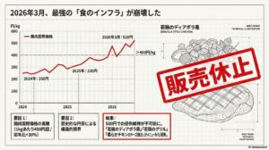 2024年から2026年にかけての鶏肉国際価格の推移グラフ。2026年3月に520円/kgまで高騰し、サイゼリヤの「若鶏のディアボラ風」などが販売休止になったことを示す図解。