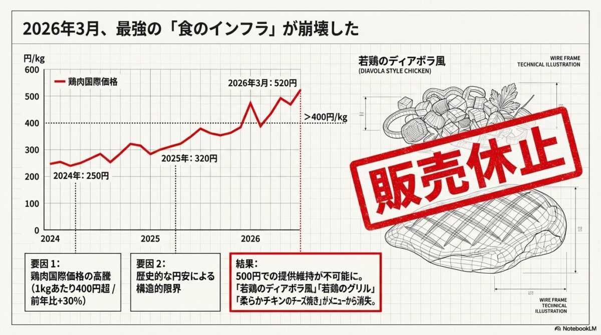 2024年から2026年にかけての鶏肉国際価格の推移グラフ。2026年3月に520円/kgまで高騰し、サイゼリヤの「若鶏のディアボラ風」などが販売休止になったことを示す図解。