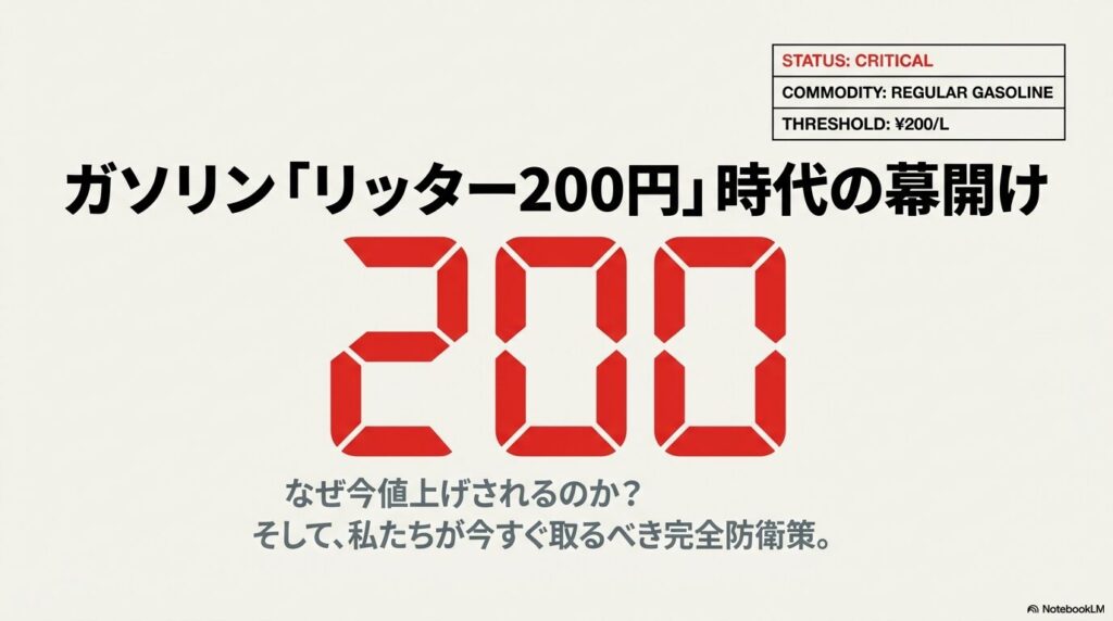 赤い太字で「STATUS: CRITICAL」と記され、レギュラーガソリンの閾値が200円/Lであることを示す警告画面 。