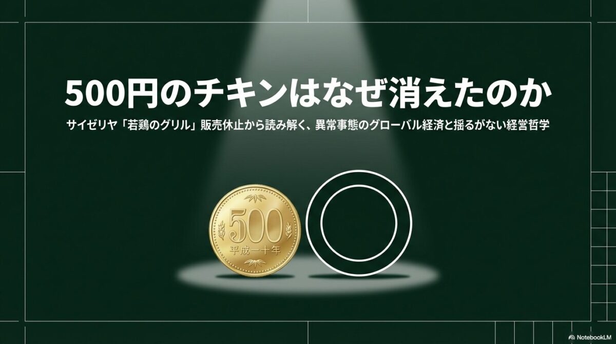 500円硬貨と空白の皿を模した円が並び、「500円のチキンはなぜ消えたのか」と題された導入スライド。