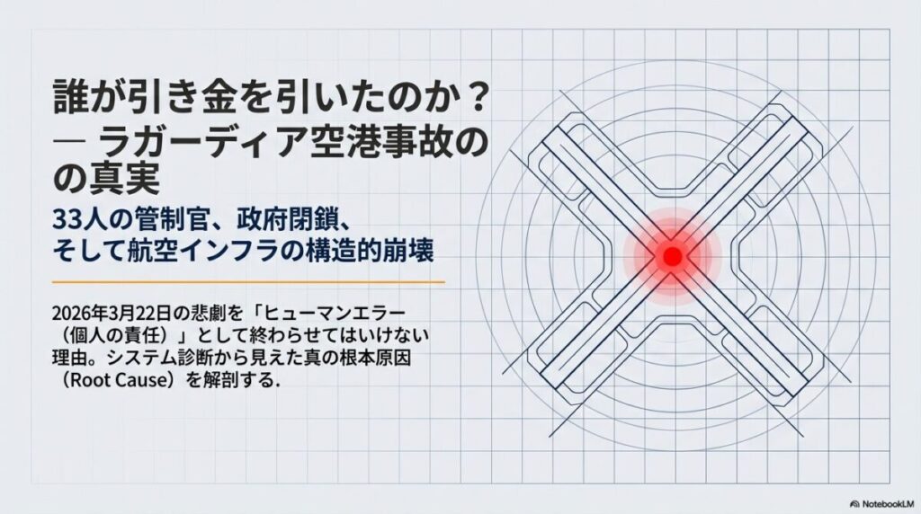 誰が引き金を引いたのか？」という問いかけと共に、2026年3月22日の事故をヒューマンエラーで終わらせず、システム診断から根本原因を解明することを宣言するタイトルスライド。