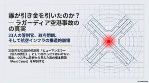 誰が引き金を引いたのか？」という問いかけと共に、2026年3月22日の事故をヒューマンエラーで終わらせず、システム診断から根本原因を解明することを宣言するタイトルスライド。