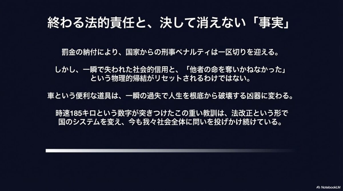 罰金納付で刑事罰は終わるが、失われた信用と「凶器」に変わる車の危険性という教訓は残ることを強調したメッセージスライド。