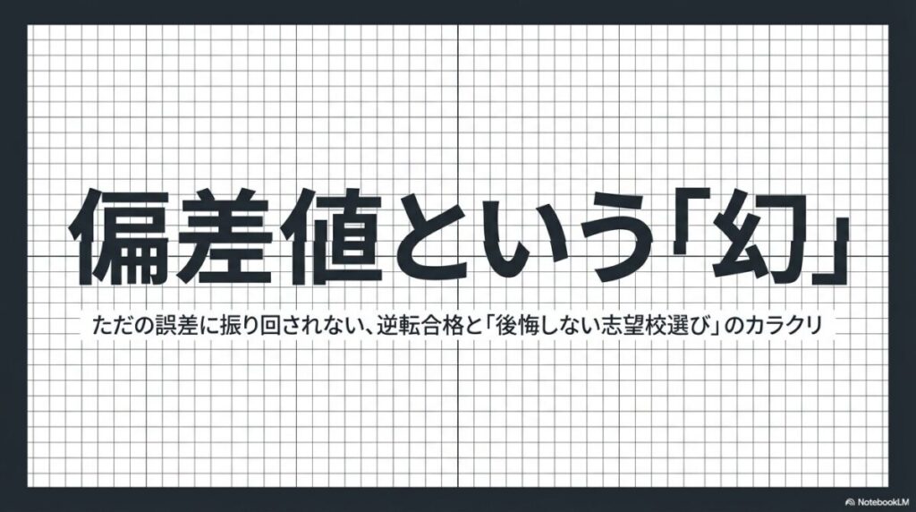 偏差値という数字に支配された受験生のシルエットと、それが過去の統計に基づく「影」に過ぎず、未来を確約する「光」ではないことを示す図解。