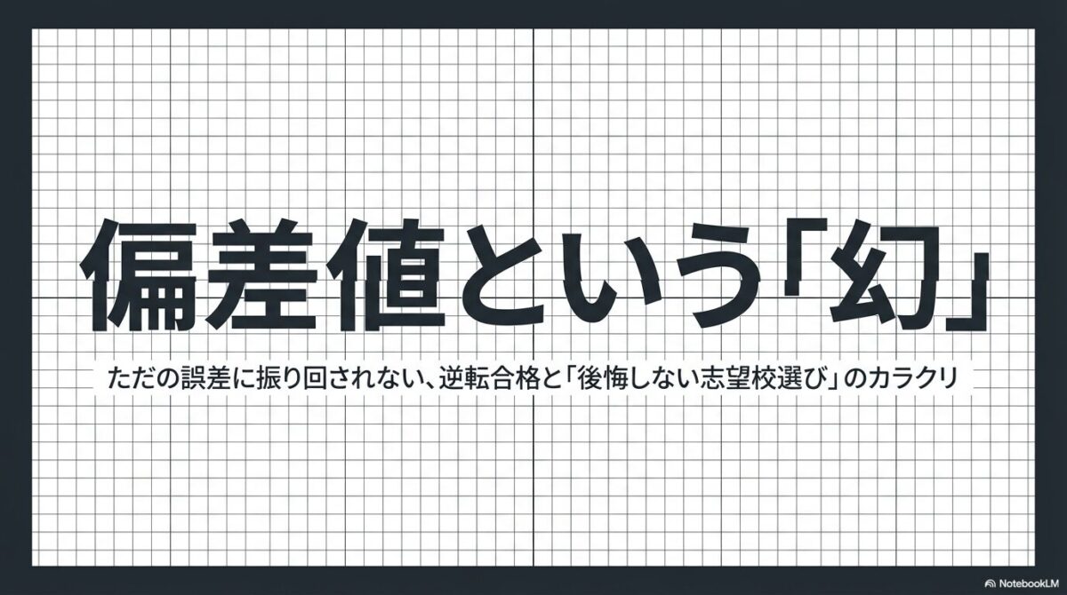 偏差値という数字に支配された受験生のシルエットと、それが過去の統計に基づく「影」に過ぎず、未来を確約する「光」ではないことを示す図解。