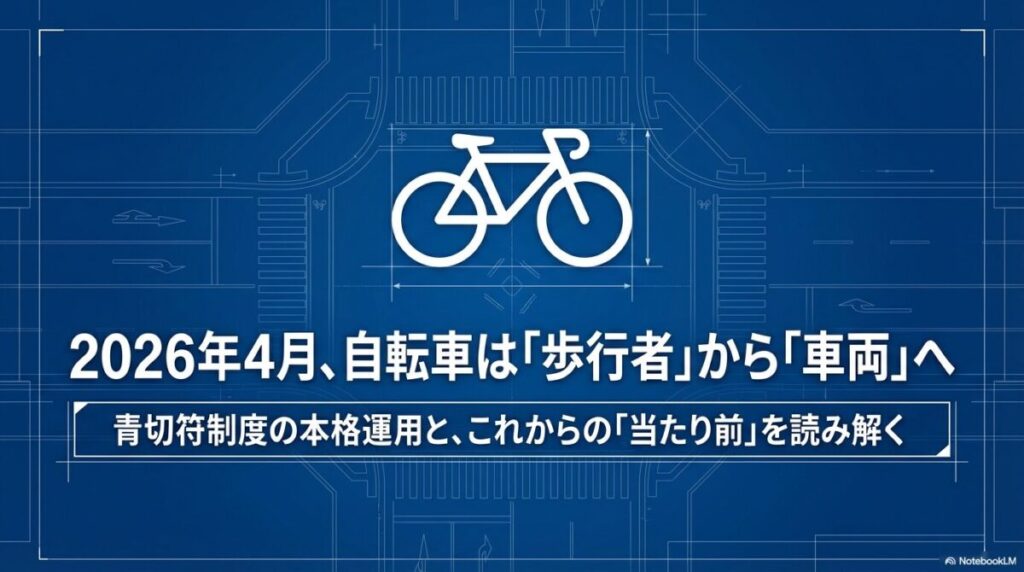 2026年4月1日から開始された自転車の青切符制度の概要。対象は16歳以上、反則金制度の導入、指導警告から実効性のある罰則へ移行したことを示す図解。