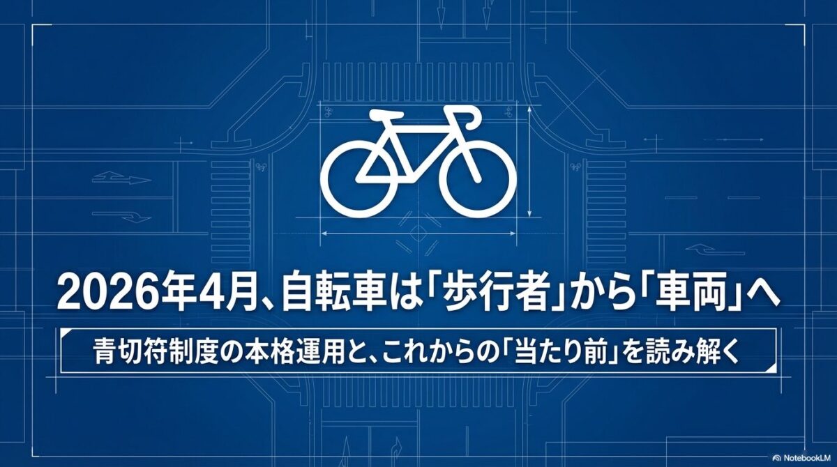 2026年4月1日から開始された自転車の青切符制度の概要。対象は16歳以上、反則金制度の導入、指導警告から実効性のある罰則へ移行したことを示す図解。